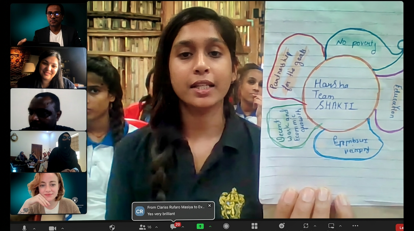Students from India, Pakistan and Zimbabwe collaborating around a globe